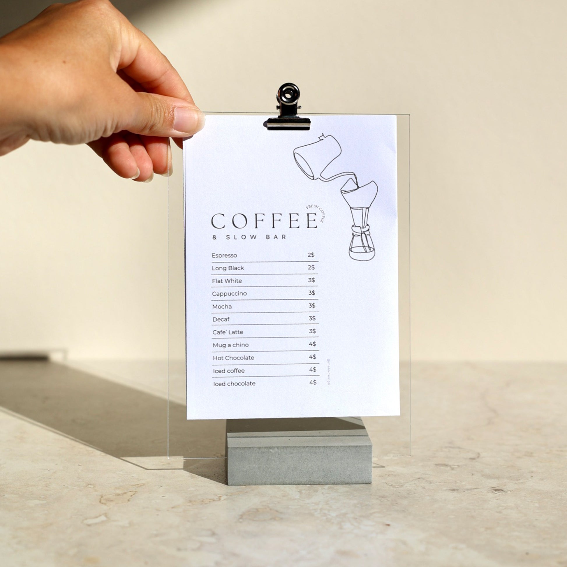 Transparent and grey menu card display