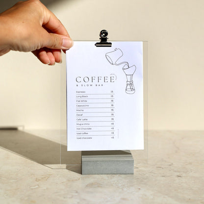 Transparent and grey menu card display