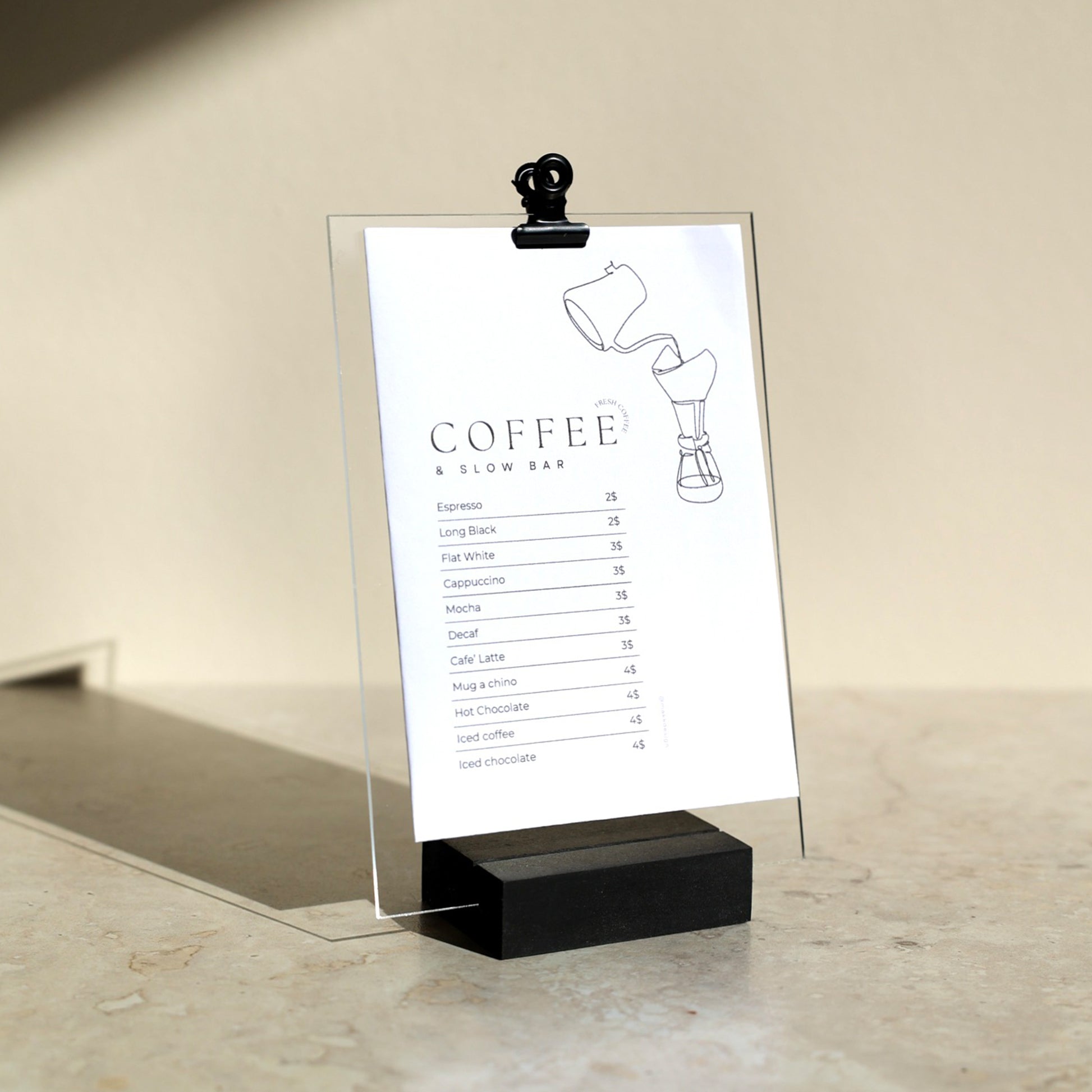 Menu display in Wood, transparent acrylic menu holder, Makk Design