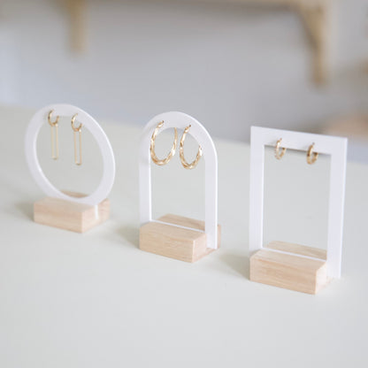 Set of 3 earring displays in white acrylic and Wood - Jewelry displays for boutiques and jewelry brands.