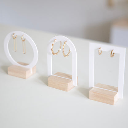 Set of 3 earring displays in white acrylic and Wood - Jewelry displays for boutiques and jewelry brands.