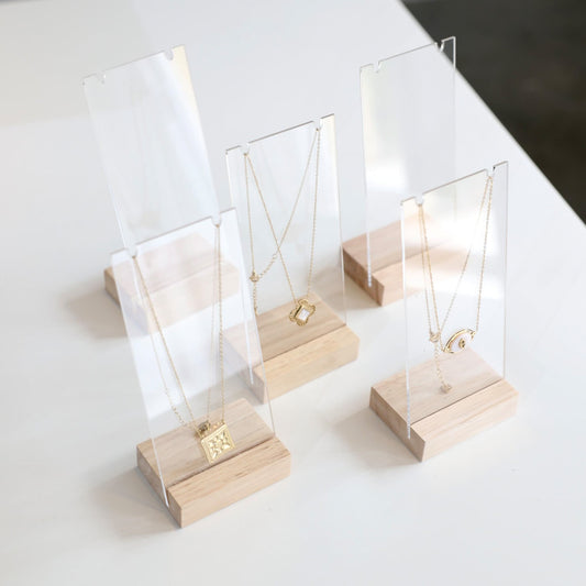 Set of 5 OUTLET necklace display stands, transparent jewelry holders, necklace holders, necklace display stands at Wood for professionals.