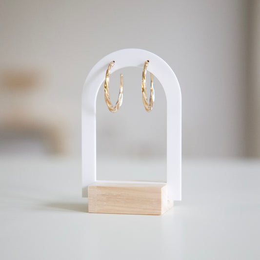 White acrylic and wood earring stand 