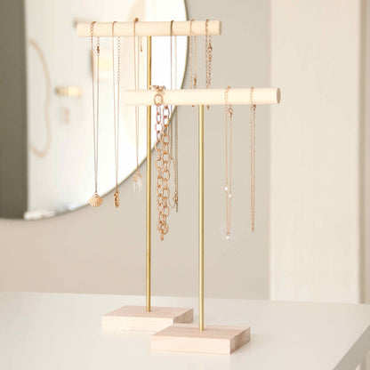 Wood and golden metal necklace display stand