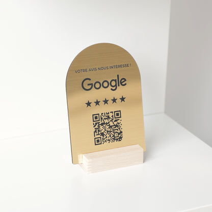 Plaque QR code personnalisée en acrylique doré, gravure laser pour avis Google, avec base bois élégante