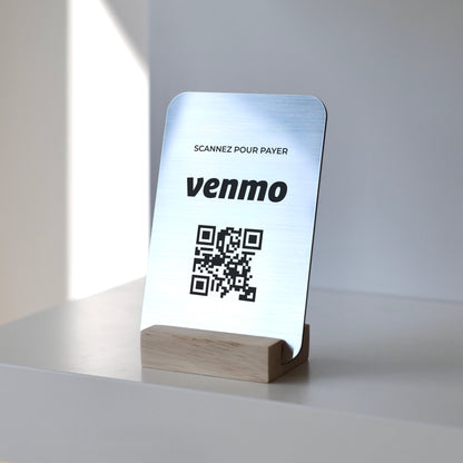 Présentoir argenté et bois pour le paiement via Venmo, fabriqué en France par Makk Design