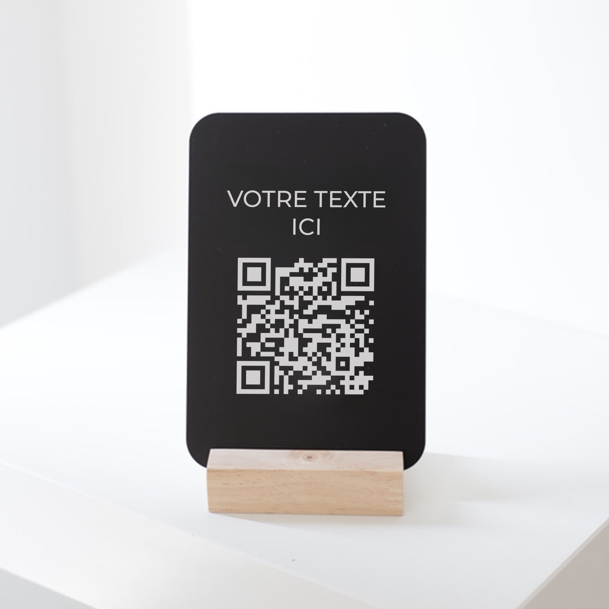 Présentoir personnalisé en bois et acrylique noir, avec QR code gravé et texte personnalisé, pour les professionnels