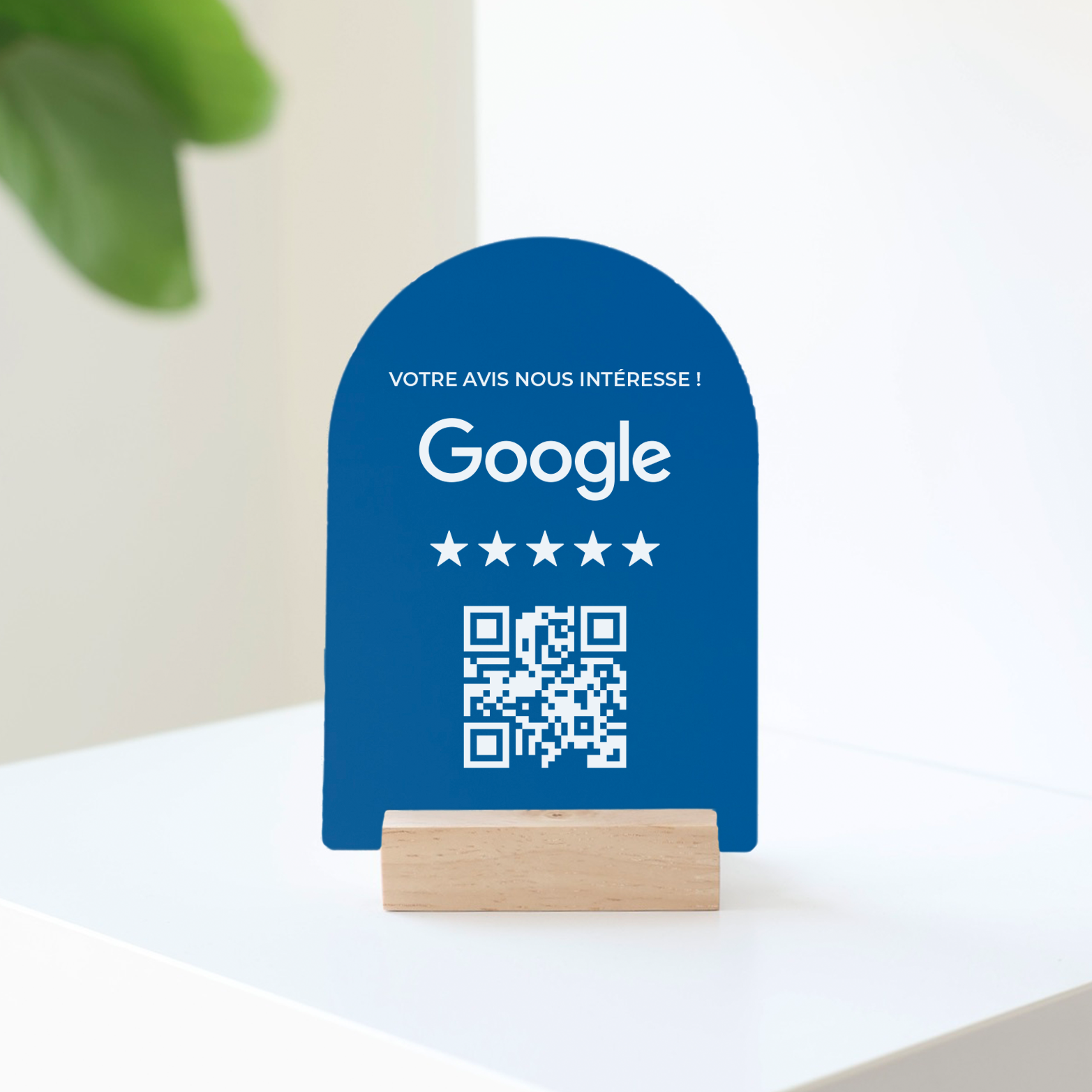 Plaque QR code Google bleu en acrylique, personnalisée avec texte et QR code, gravée au laser avec support en bois