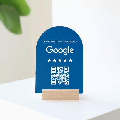 Plaque QR code Google bleu en acrylique, personnalisée avec texte et QR code, gravée au laser avec support en bois
