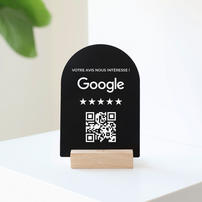 Plaque QR code Google en acrylique noir, gravée au laser avec base en bois, personnalisée avec message et QR code