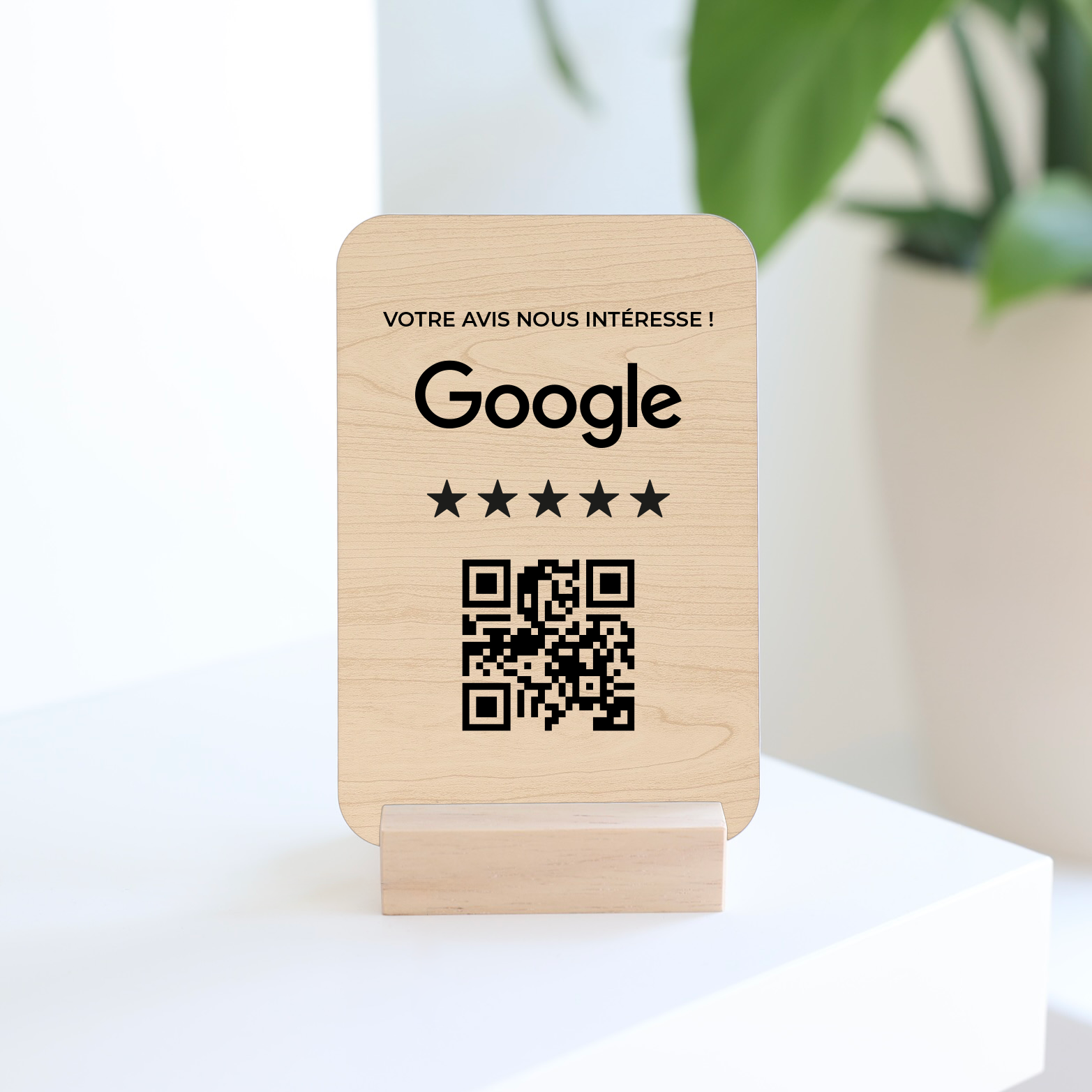 Plaque + support avis Google en bois, gravé au laser en France par Makk Design