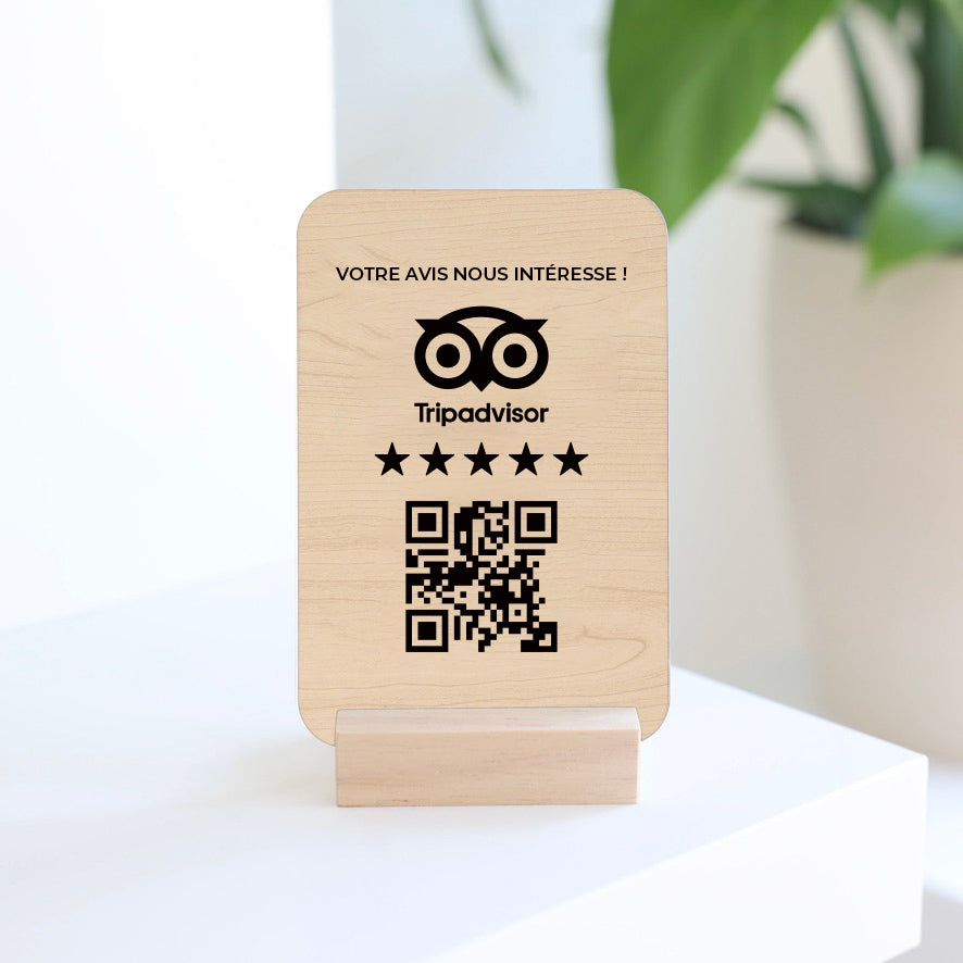 Plaque en acrylique effet bois avec QR code pour laisser un avis Tripadvisor, fabriqué en France