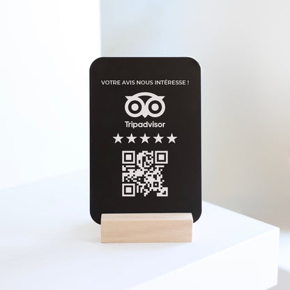 Présentoir en bois et acrylique noir gravé au laser, avis clients Tripadvisor, pour les professionnels de la restauration et hôtellerie