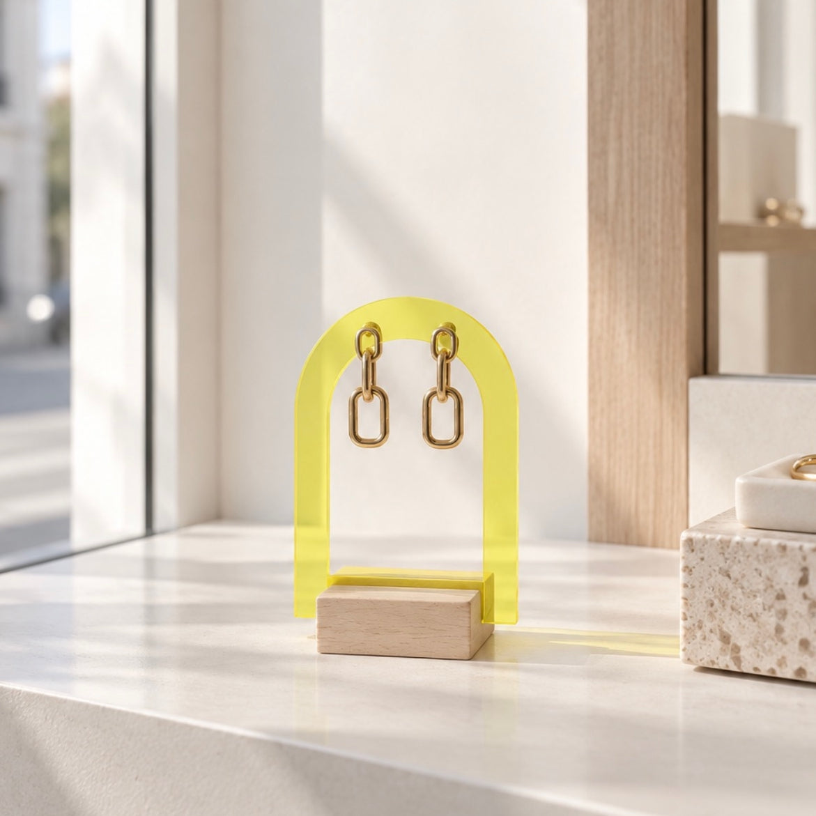 porte bijoux jaune en forme d'arche